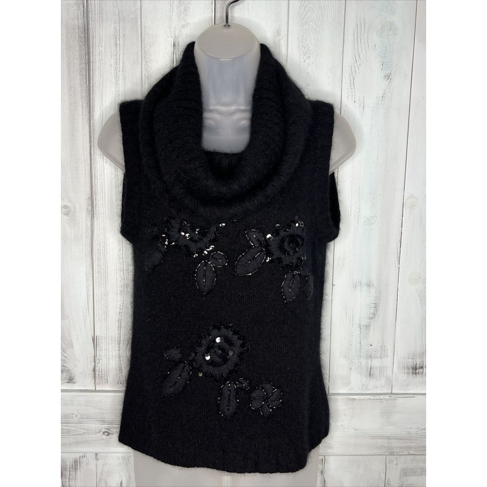 WOMEN VINTAGE CACHE BLACK LAMBSWOOL ANGORA BEADED SLEEVELESS COWL NECK SWEATER S